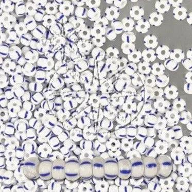Stribede glasperler, preciosa, hvid/4 blå striber Preciosa