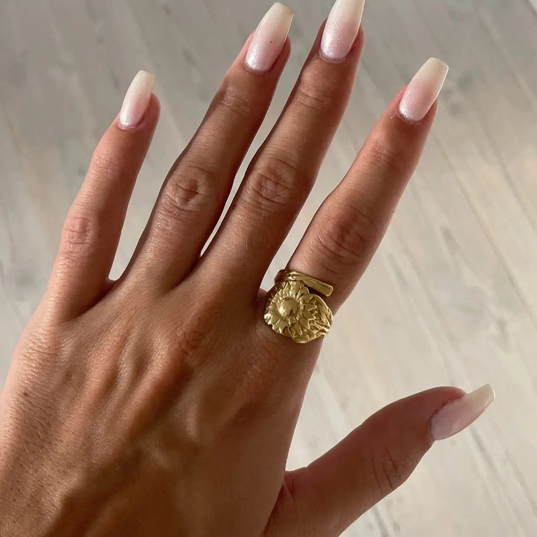 Fingerring solsikke forgyldt sølv og sterlingsølv Beadhouse of Copenhagen