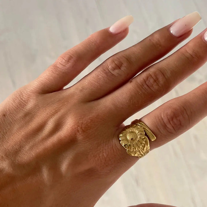 Fingerring solsikke forgyldt sølv og sterlingsølv Beadhouse of Copenhagen