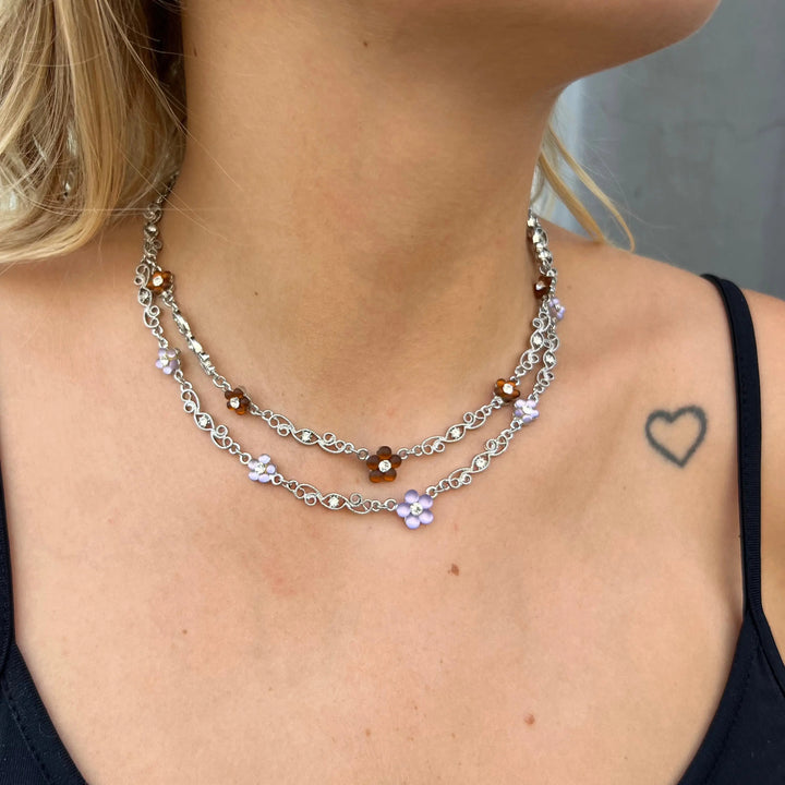 Halskæde, anker facet m. blomster, forsølvet messing, 40-45cm Beadhouse of Copenhagen