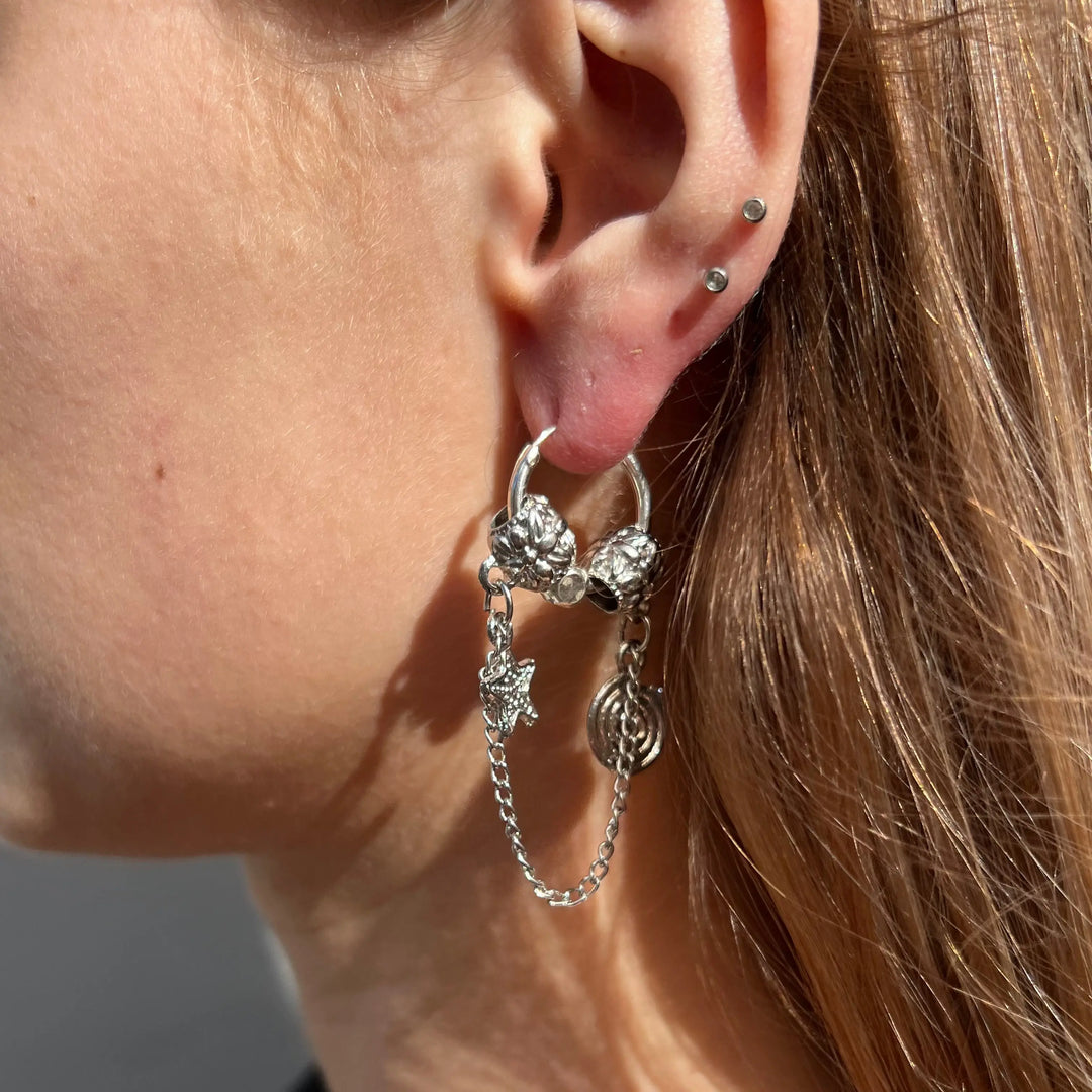 Ørering, hoop, m. motiver, sølvperler, sterlingsølv, metal