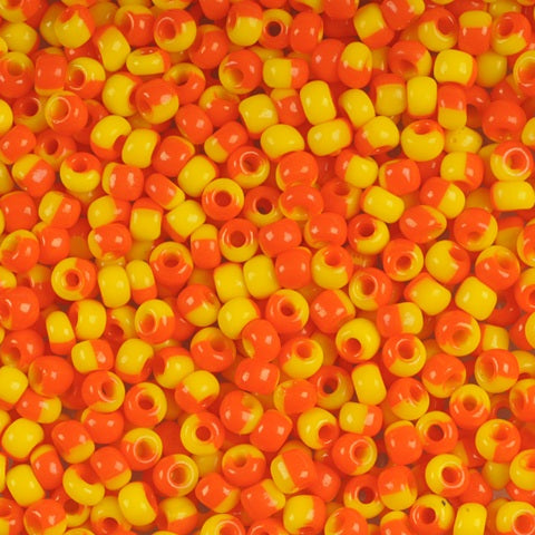 Flerfärgade glaspärlor, preciosa, röd och orange harlequin