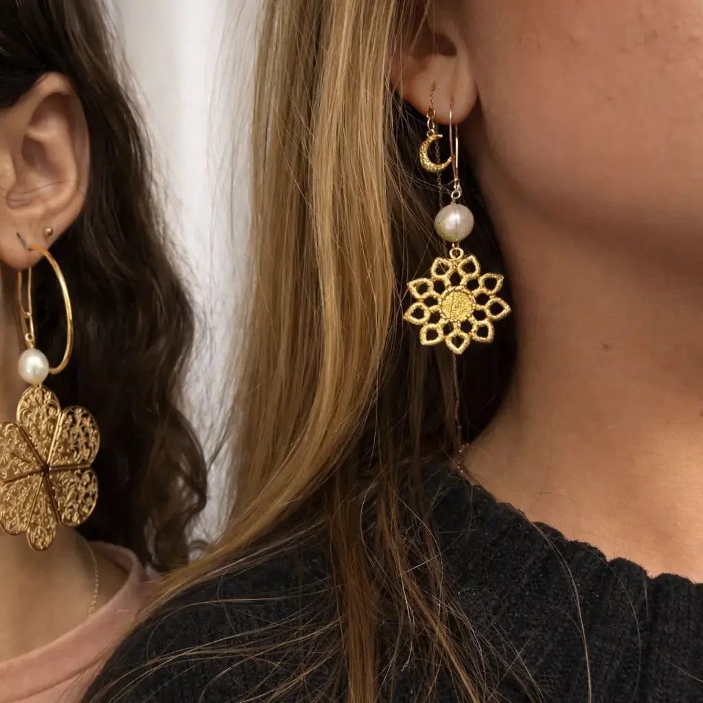 Ørering, ørekrog, m. filigran sol, forgyldt messing 