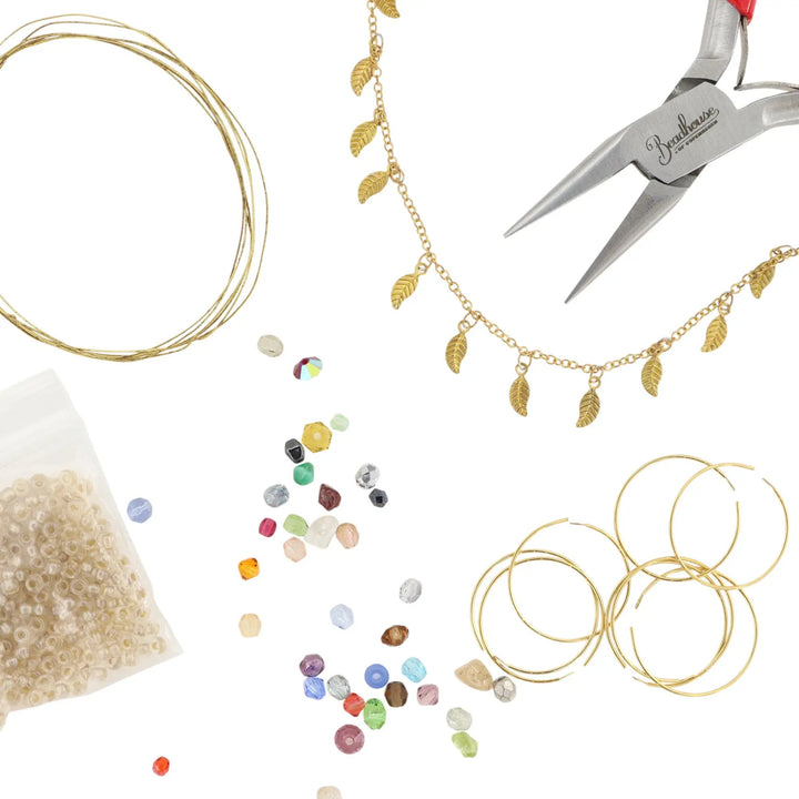 Diy kit, øreringe kit med perlemix og kæde, forgyldt messing Beadhouse of Copenhagen