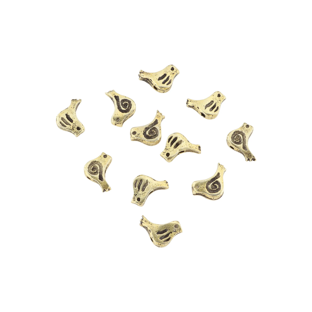 Metalperler, fugl, forgyldt messing, 14x9 mm. BOC