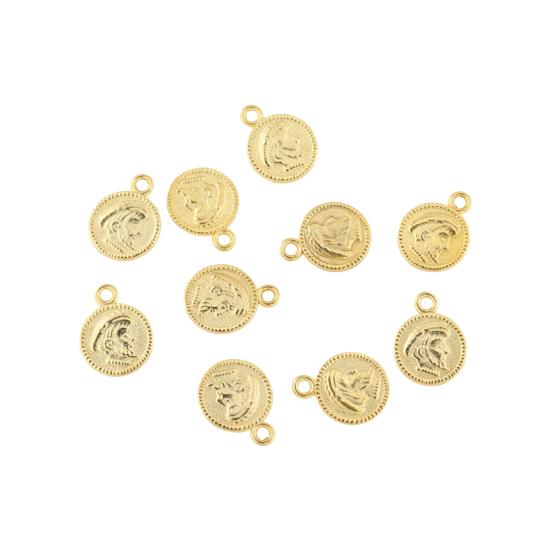 Vedhæng, mønt med ansigt, forgyldt messing, 17x13 mm. storkøb BOC