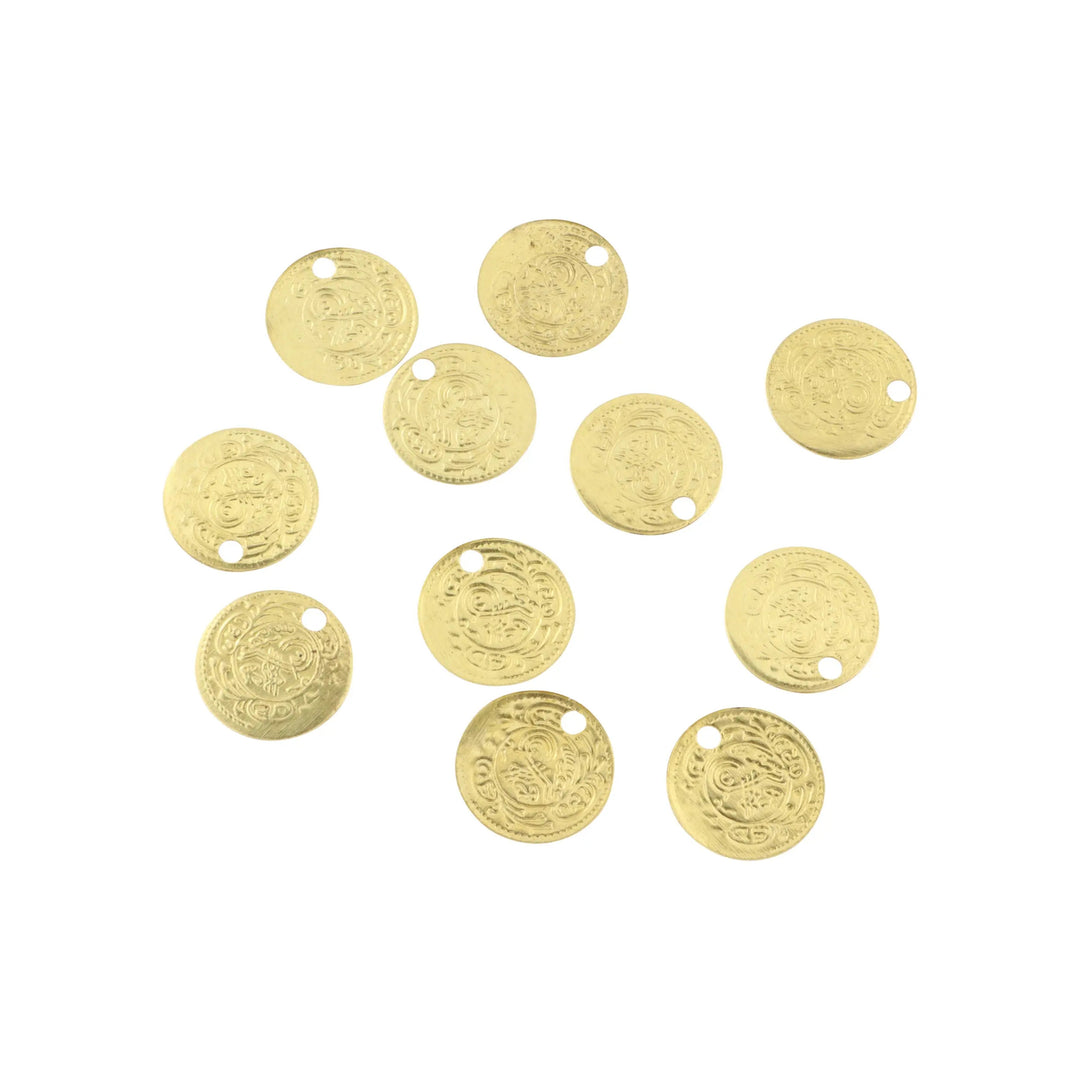 Vedhæng, mønt med ornamenter, forgyldt messing, 13 mm. storkøb BOC