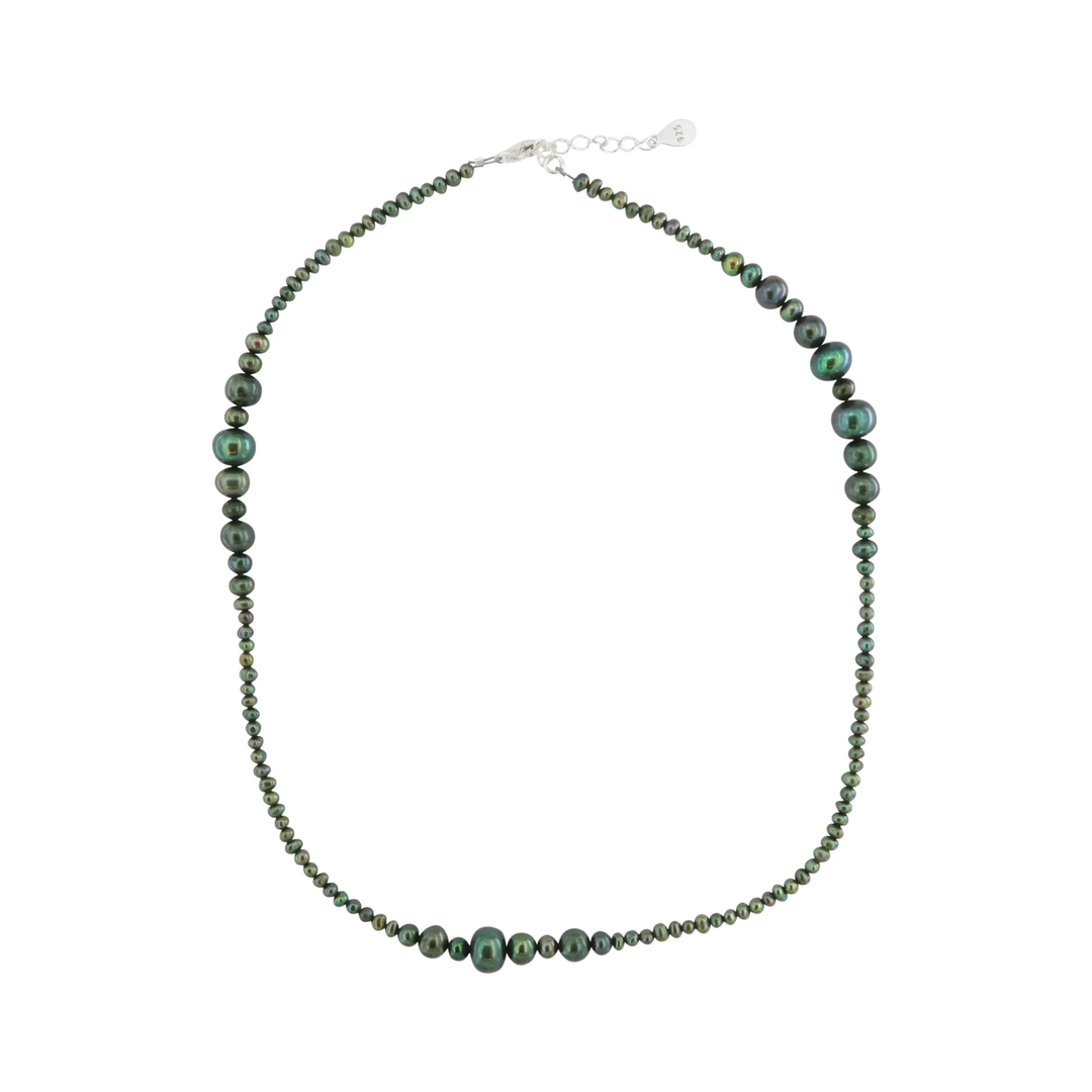 Halskæde, grønne ferskvandsperler, sterlingsølv, 40-50cm BOC