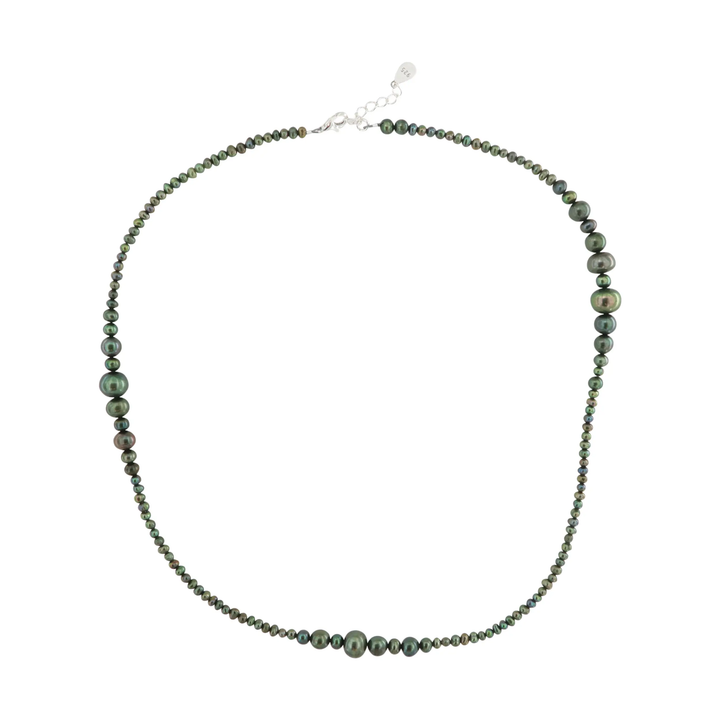 Halskæde, grønne ferskvandsperler, sterlingsølv, 40-50cm BOC