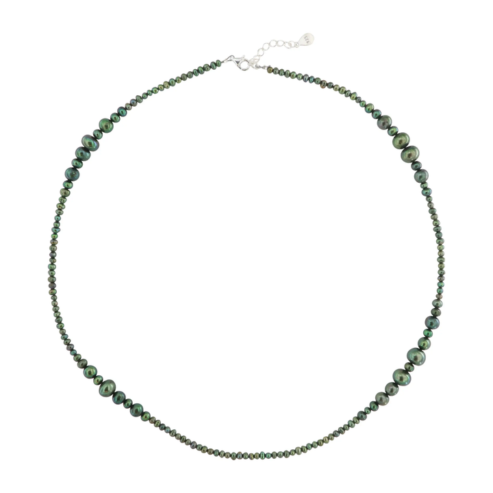 Halskæde, grønne ferskvandsperler, sterlingsølv, 40-50cm BOC
