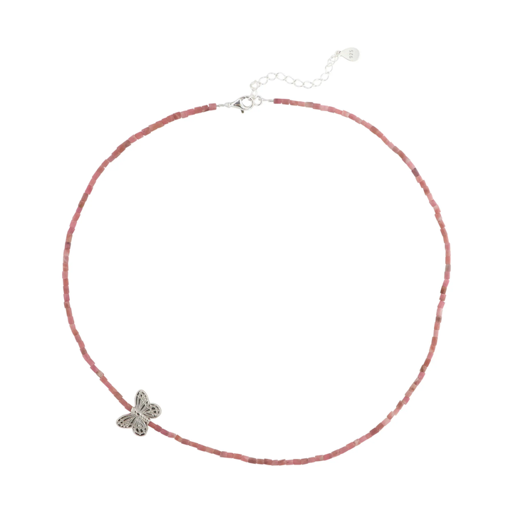Halskæde med sommerfugl i rhodonit og turkis, sterlingsølv, 40-45 cm BOC