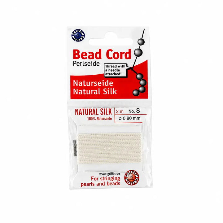 Perlesnor, naturlig silke, hvid m. nål, 2 m