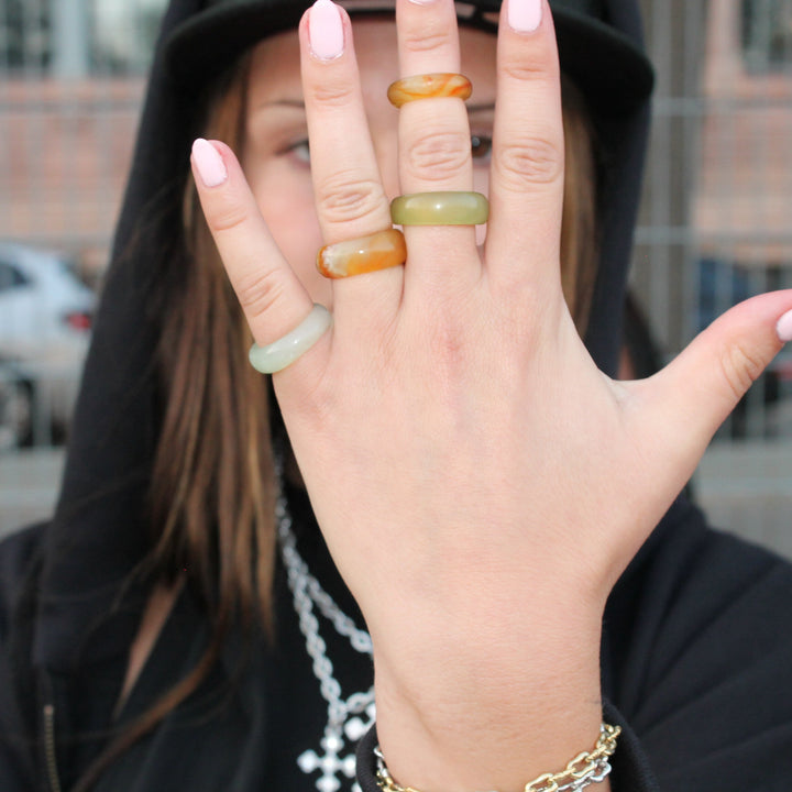 Fingerring, ædelsten, jade, mix - 4 stk