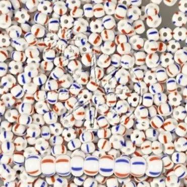 Stribede glasperler, preciosa, hvid/blå/rød stribet Preciosa