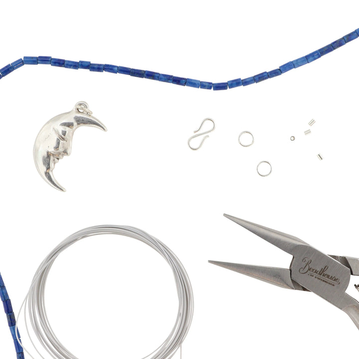 Diy kit, halskæde kit med sodalit rørperler, sterlingsølv Beadhouse of Copenhagen