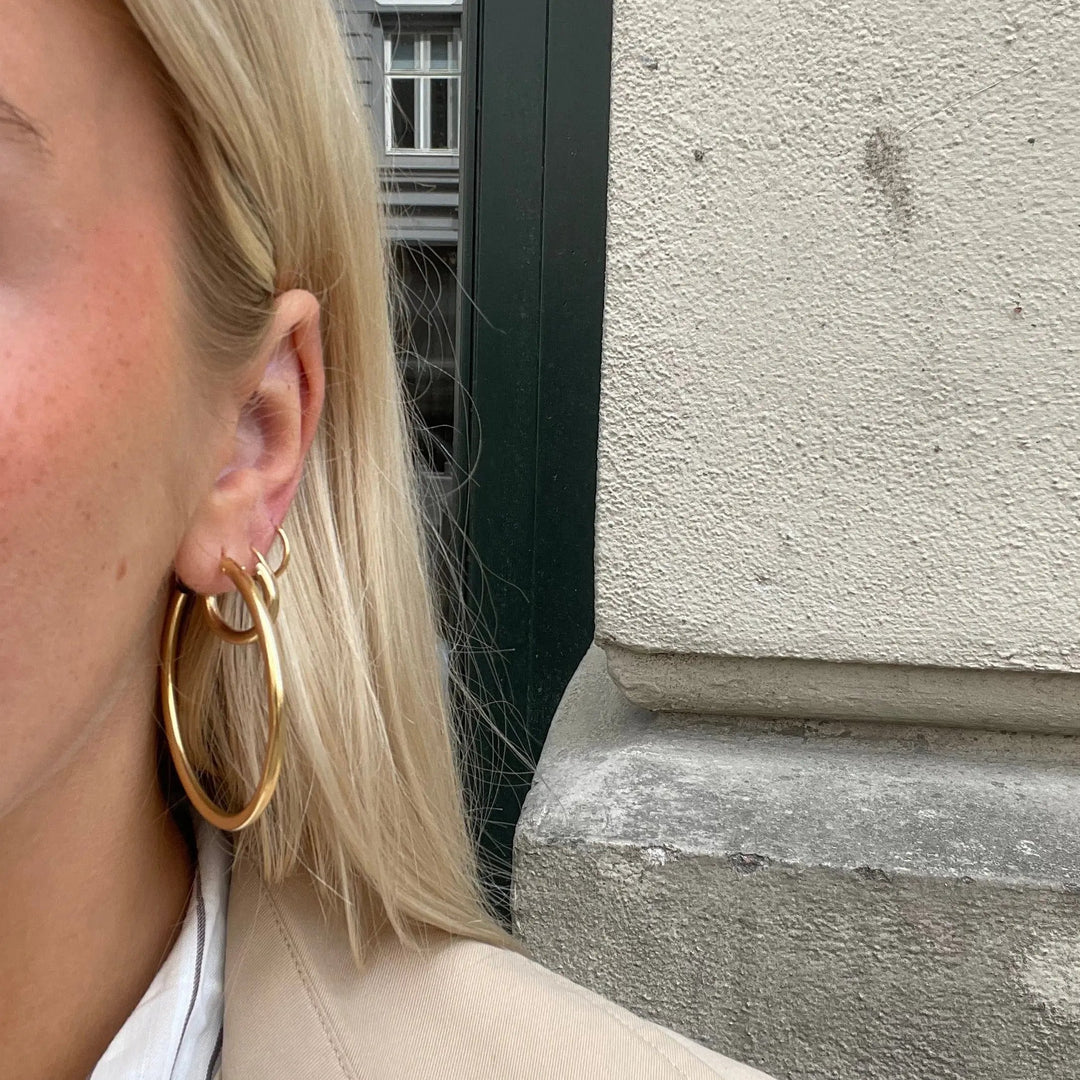 Øreringe, hoops, 50 mm, forgyldt og sterlingsølv BLT