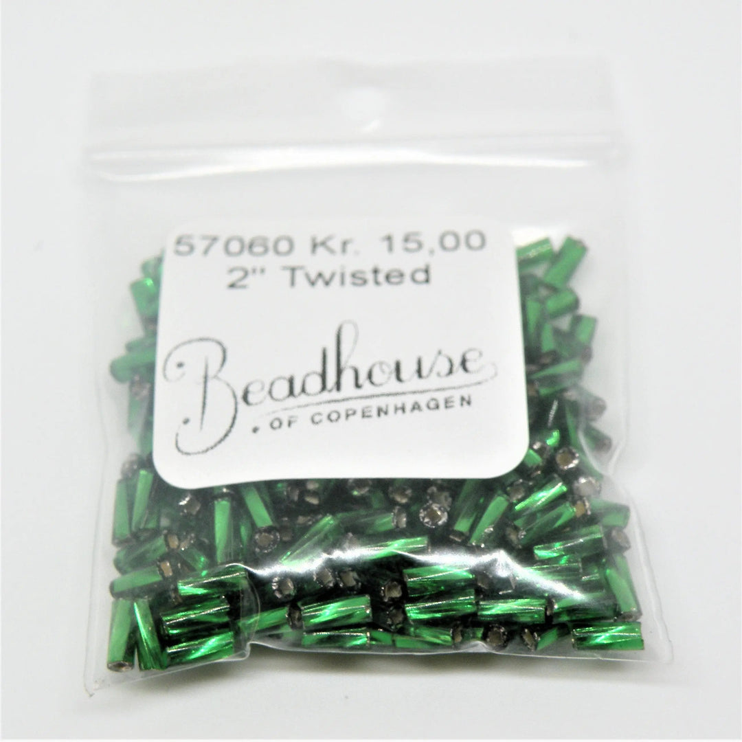 Grønne glasperler, preciosa cut bugles,twisted silverlined green, 4,6 mm Preciosa BOC