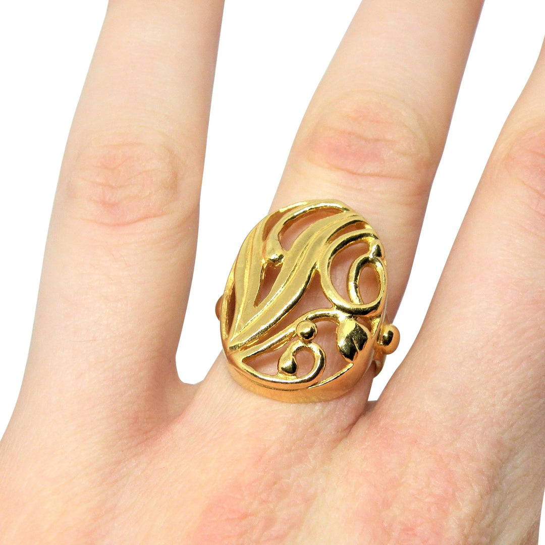 Fingerring, chunky oval med bladmotiv, forgyldt og sterlingsølv Beadhouse of Copenhagen