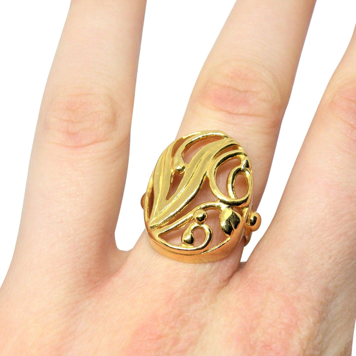Fingerring, chunky oval med bladmotiv, forgyldt og sterlingsølv Beadhouse of Copenhagen