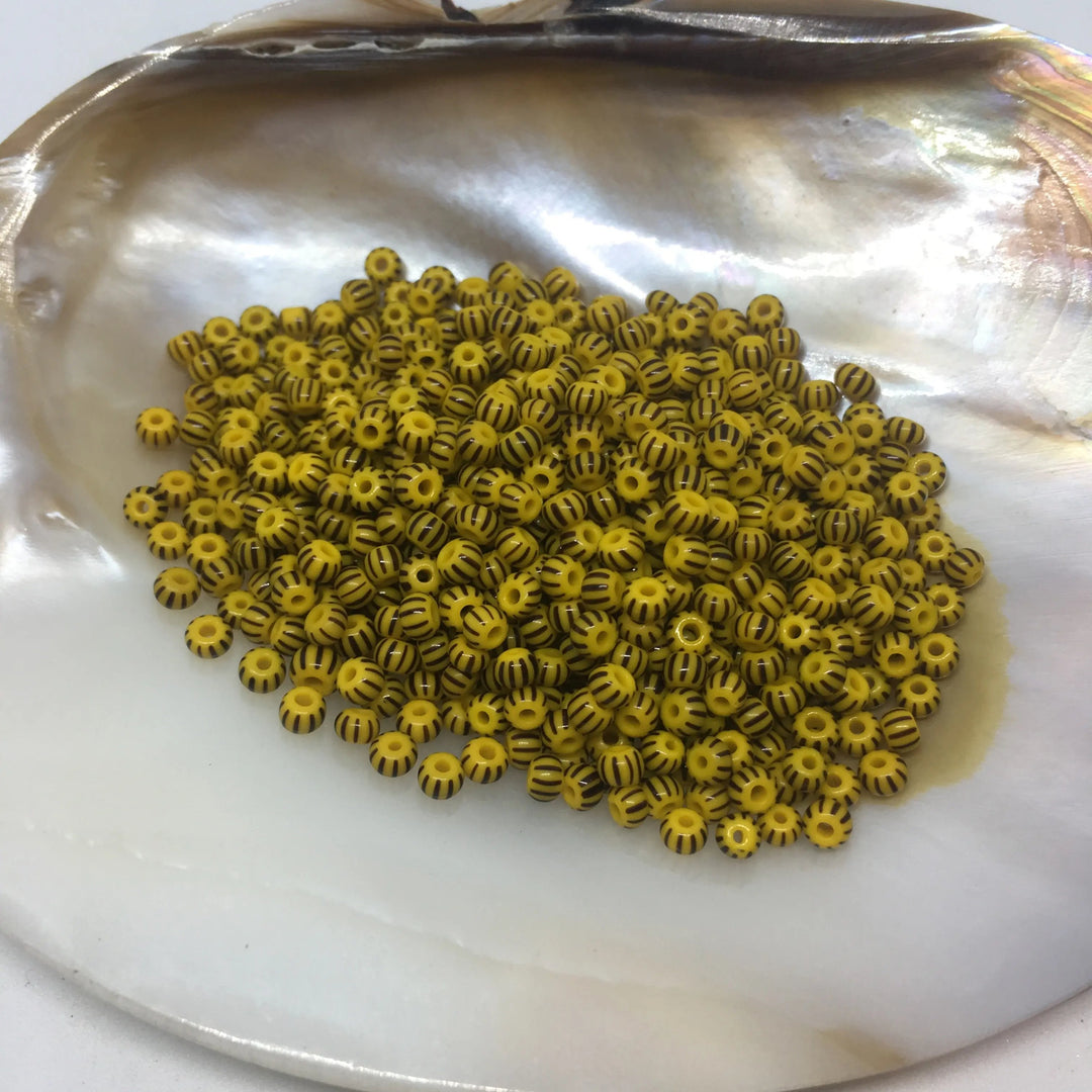 Stribede glasperler, preciosa, gul/sort tæt stribet Preciosa