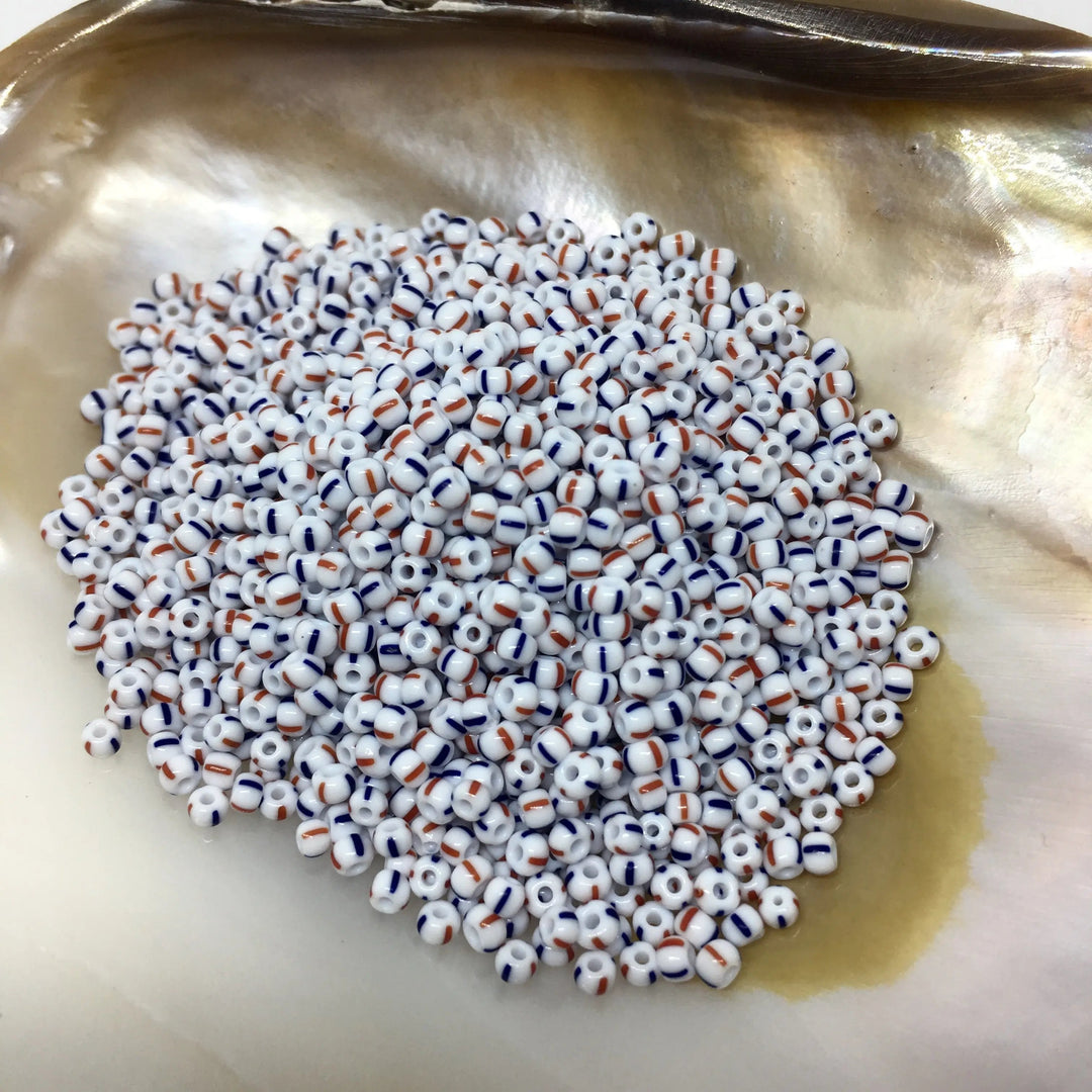 Stribede glasperler, preciosa, hvid/blå/rød stribet Preciosa