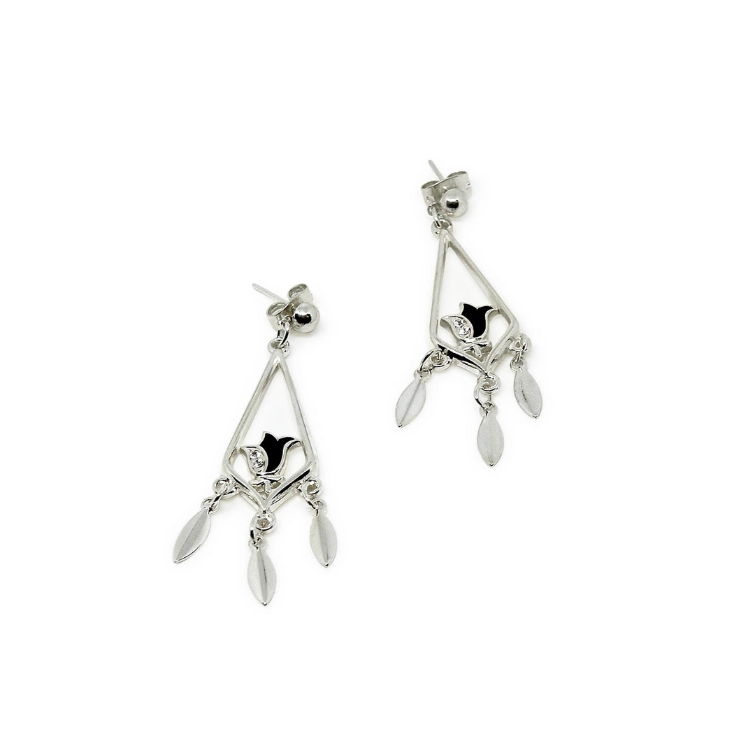 Øreringe, ørestikkere med trapez, tulipan og krystaller, forsølvet messing Beadhouse of Copenhagen