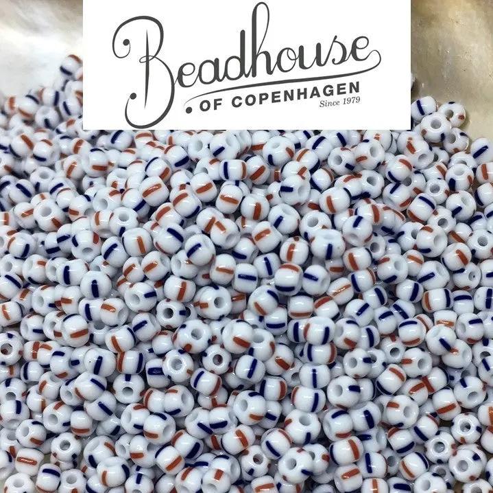 Stribede glasperler, preciosa, hvid/blå/rød stribet Preciosa